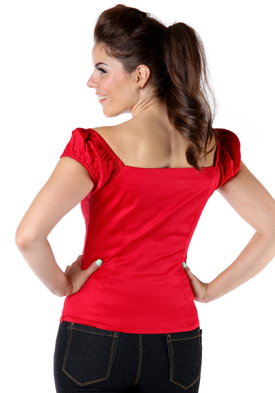 Punainen naisten vintagetoppi, mallikuva takaa