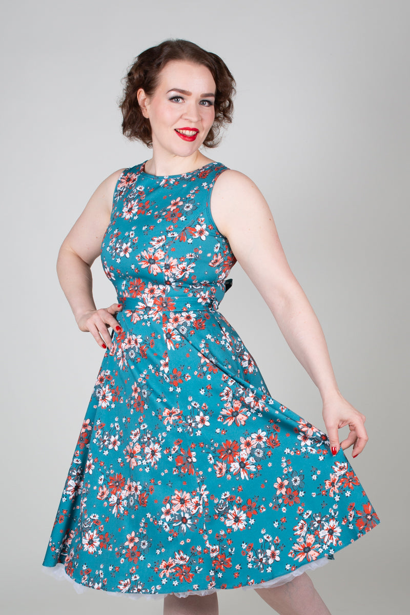 Hepburn Teal Floral Kellomekko-Lady Vintage-Miss Windy Shop