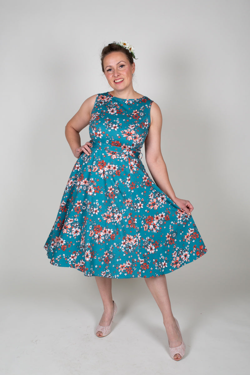 Hepburn Teal Floral Kellomekko-Lady Vintage-Miss Windy Shop