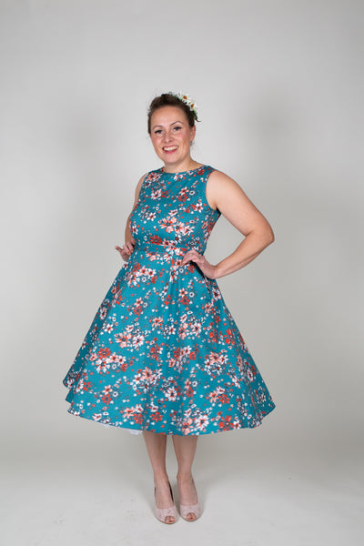 Hepburn Teal Floral Kellomekko-Lady Vintage-Miss Windy Shop