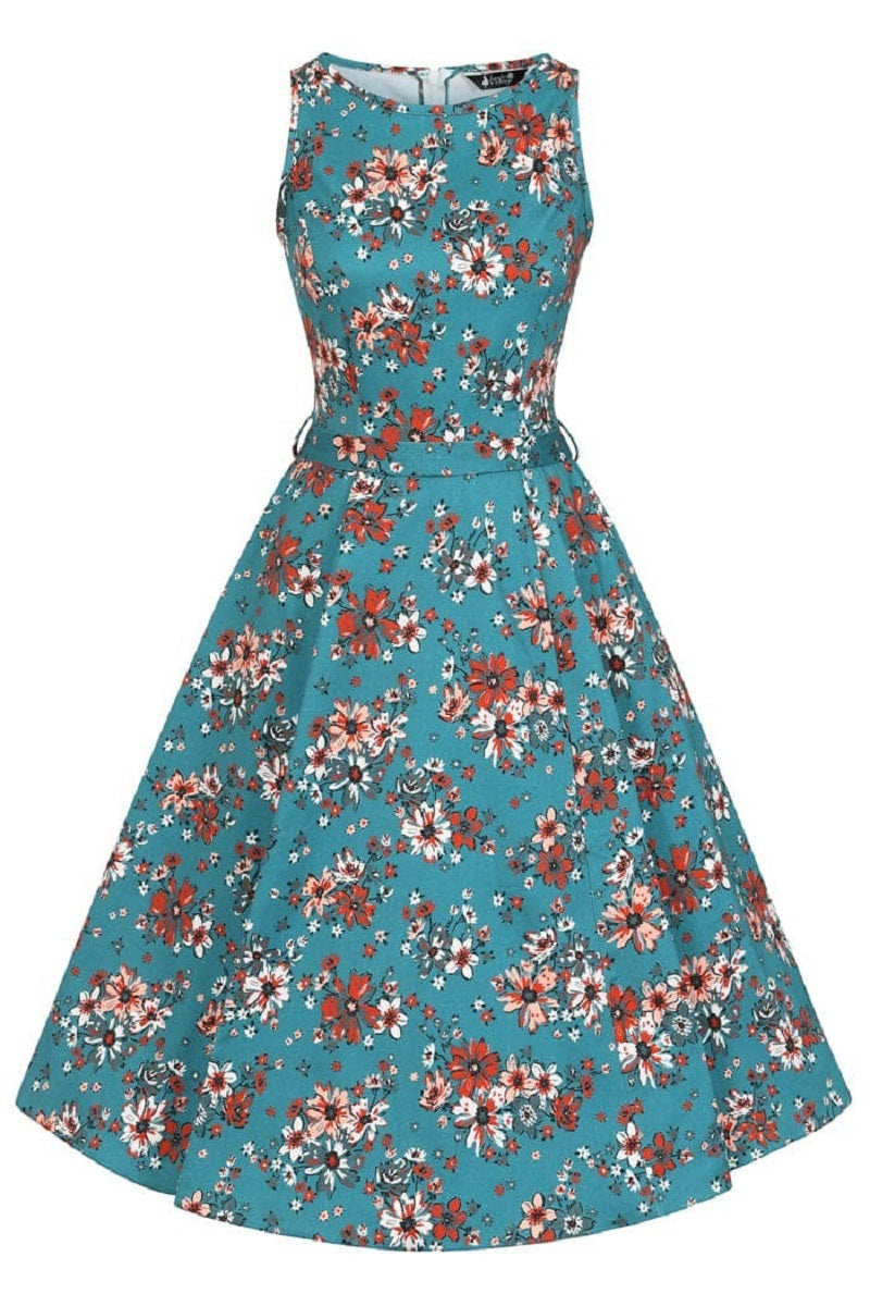 Hepburn Teal Floral Kellomekko-Miss Windy Shop-Miss Windy Shop